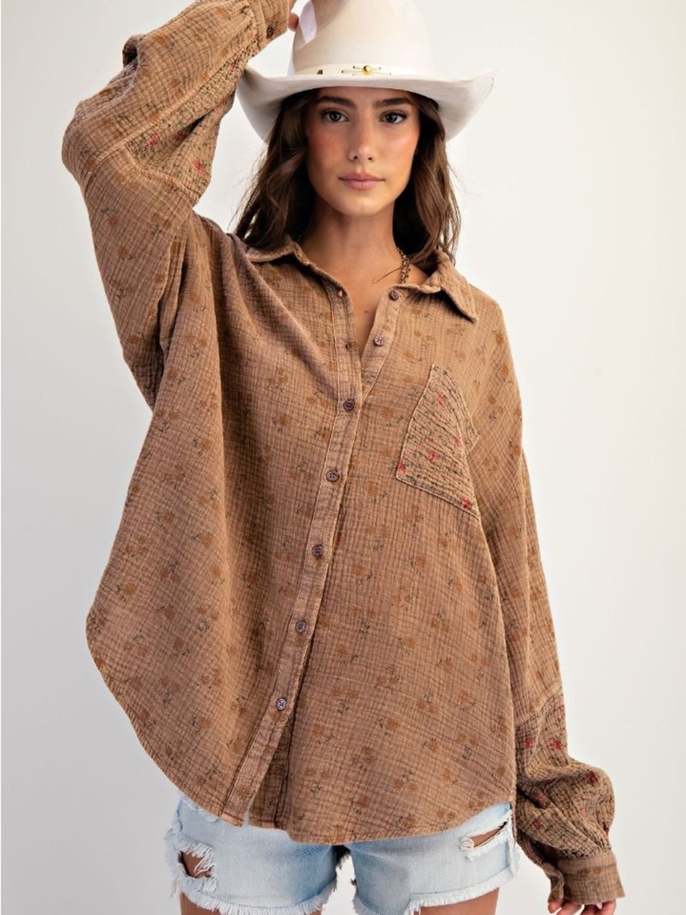 easel Oversized Tan-Brown Button Front Shirt